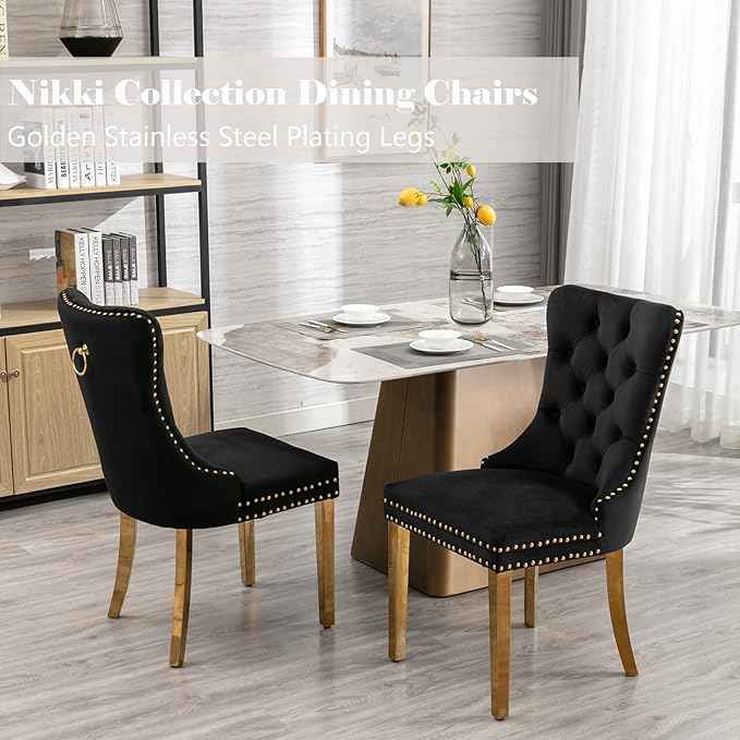 Black Dining Chairs Set of 2, Velvet Upholstered Dining Room Chairs with Back Ring Pull Trim and Golden Stainless Steel Legs, Tufted Wingback Chair Perfect for Dining Room,Kitchen(Black)