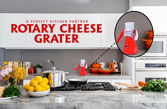 Premium Rotary Cheese Grater - Effortless Grating for Perfectly Shredded Cheese Every Time! (Red)