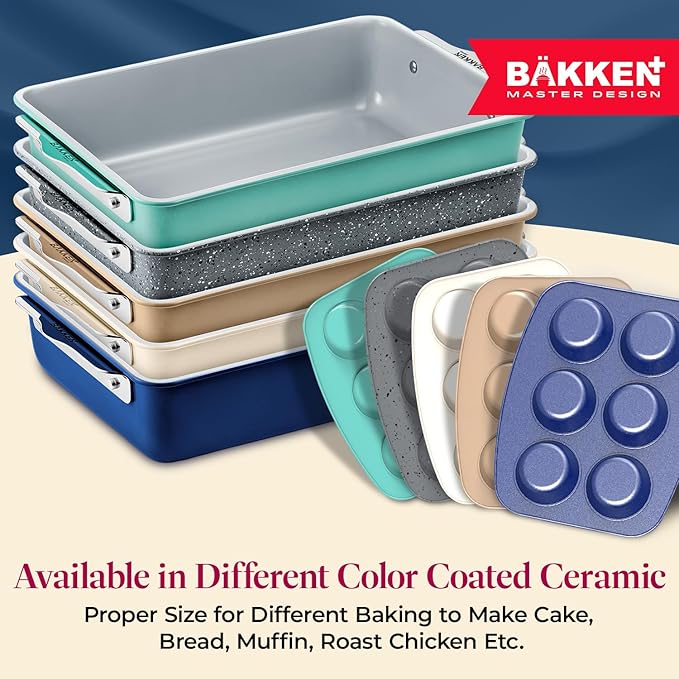 BAKKENMASTER Bake with Elegance: 6-Cup Cake/Muffin Pan Set - Blue, Teal, Marble, Golden, Cream - Aluminized Steel with Ceramic Non-Stick Coating, PFOA & PFAS Free - Non-Toxic, Heavy-Duty Bakeware