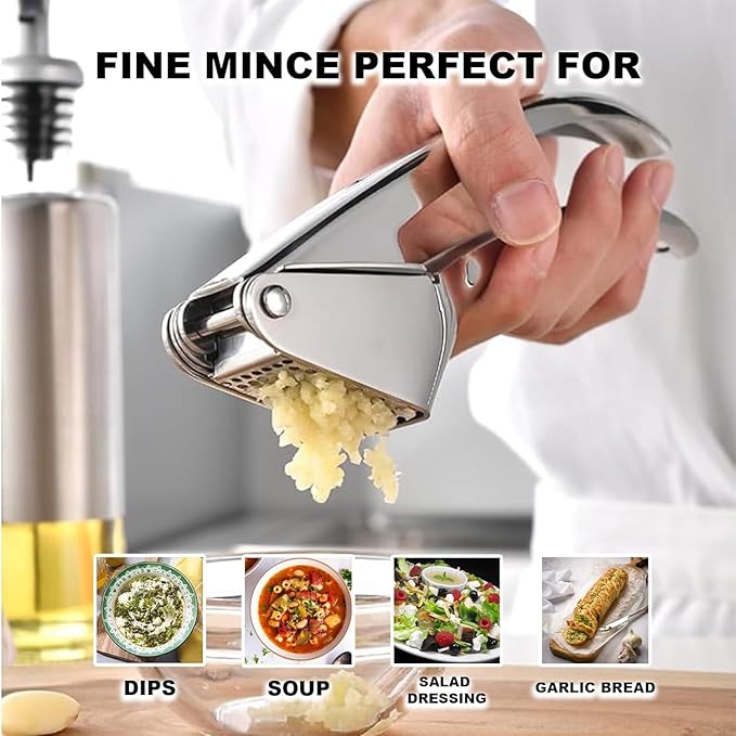 Croomi Garlic Press Stainless Steel - Premium Professional Mincer Tool - Rust Proof & Dishwasher Safe - Garlic Presser & Masher - Ginger Crusher with Soft Ergonomic Handle - Easy to Squeeze & Clean