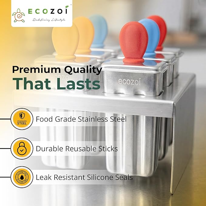 Ecozoi Stainless Steel Popsicle Molds, 6 Mini Popsicle Makers, 6 Reusable Stainless Steel Sticks, 12 Silicone Seals and 1 Rack, Eco Popsicle Molds for Kids and Adults, 2 oz Per Mold (Square)