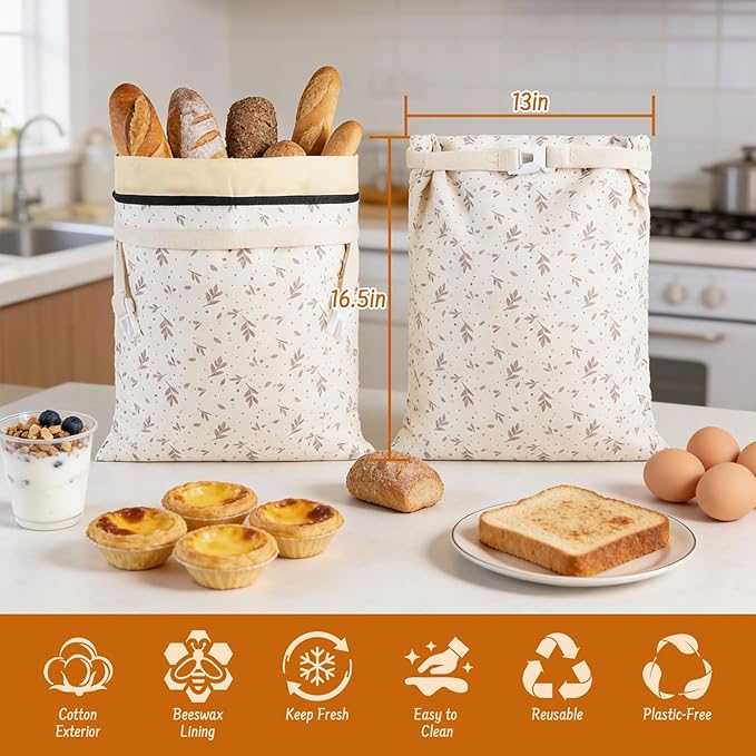 2-Pack Reusable Beeswax Bread Bags for Sourdough & HomemadeBread with Zipper, 16.5 x 13 inch bread bags for Food Storage