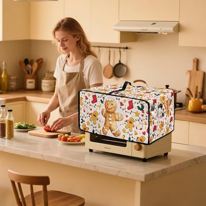 Countertop Convection Oven Cover Dust-Proof Toaster Oven Cover with Accessories Pockets, Countertop Convection Oven Protector, S, Gingerbread Man Christmas String Lights
