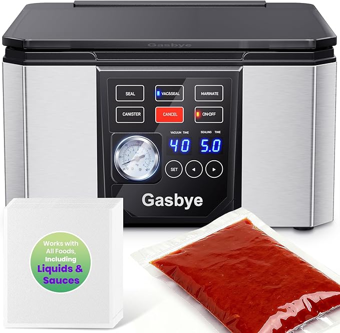Gasbye Chamber Vacuum Sealer – 5.3QT Large Chamber, Replaceable 11.5" Sealing Bar with Double Seal, Perfect for Meats, Soups, Sauces & Liquids, Includes 30 Pre-Cut Vacuum Bags, Stainless Steel
