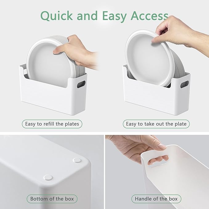 2Pcs Paper Plate Dispenser for 6-9.5 Inch Disposable Plates, Space-Saving Plastic, Foam and Paper Plate Storage Organizer for Cabinet, Countertop, RV or Outdoor (White)