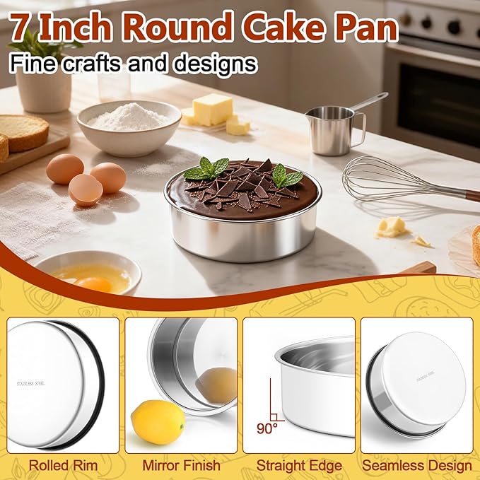 P&P CHEF 7 Inch Cake Pan, 1 Piece Round Layer Cake Baking Pan, Stainless Steel Smash Cake Tin Bakeware for Cooking Steaming, Nontoxic & Sturdy, Oven & Dishwasher Safe