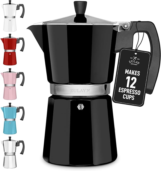 Zulay Moka Pot Espresso Stovetop Coffee Maker - Leak-Proof, Stainless Steel, Easy to Clean, Heat Resistant Handle & Knob - for Authentic Cuban & Italian Style Espresso - Makes 12 Espresso Cups - Black