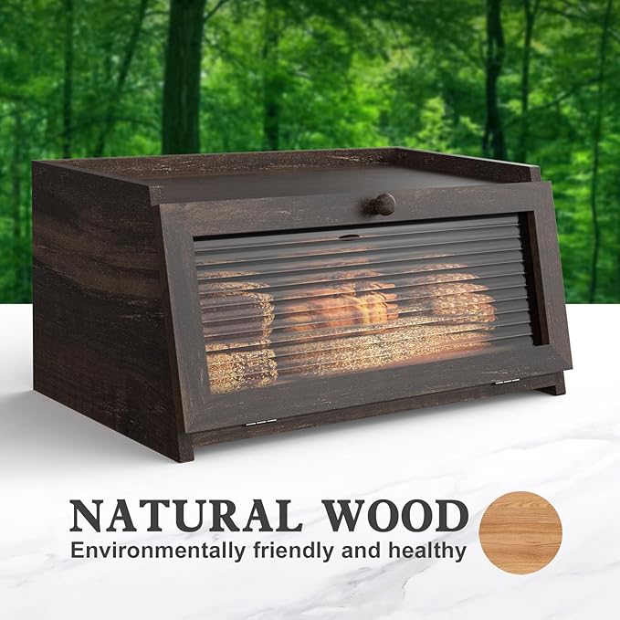 LOHASOK Bread Box for Kitchen Countertop Large Farmhouse Bread Container Bread Storage with Window Wooden Bread Holder