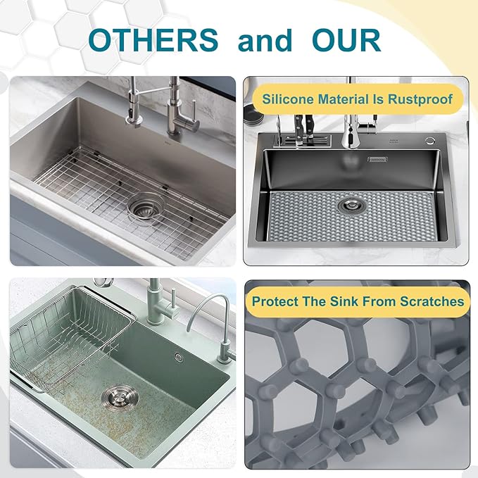 Bestjing Silicone Sink Protectors for Kitchen Sink with Rear Drain - 26"x 14" Kitchen Protector Accessory, Non-Slip Heat Resistant Grid Mat for Bottom of Farmhous Peorcelain Stainless Steel(Rear Hole)