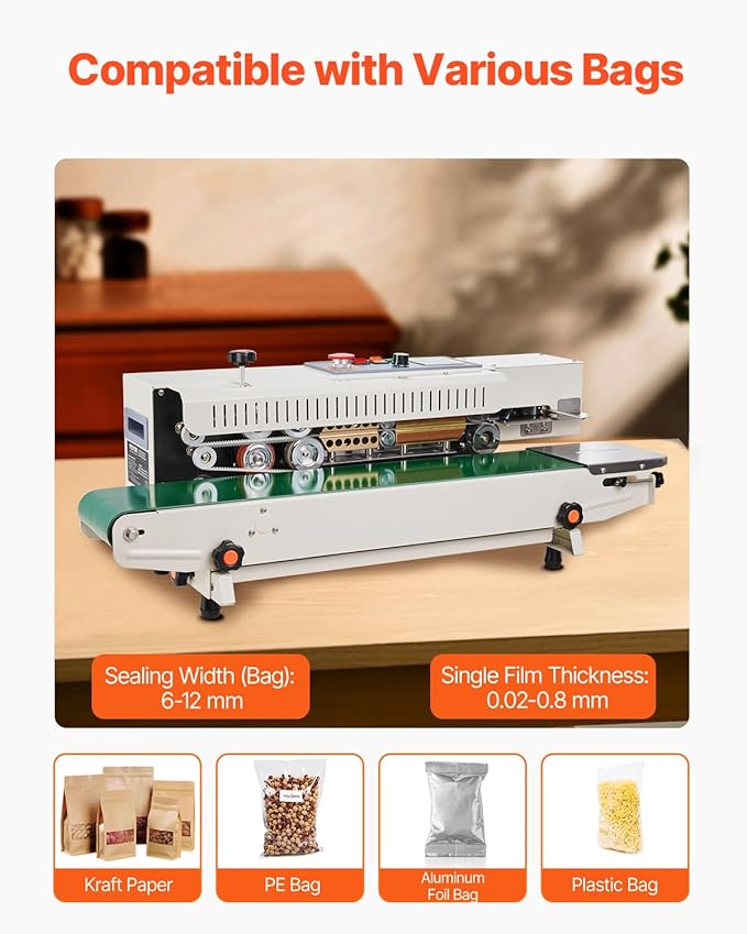 VEVOR Continuous Bag Band Sealing Machine, 0.24-0.47 in/6-12 mm Seal Width, Horizontal Band Sealer Machine with Digital Temperature Control, Bag Sealer for 0.02-0.8 mm Plastic Bags, Inflation Function