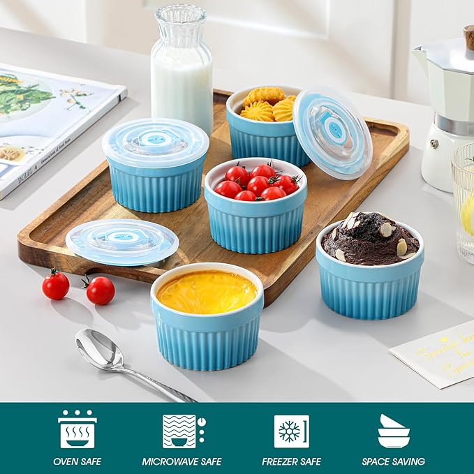 vancasso 6 oz Ramekins with Lid, Porcelain Creme Brulee Souffle Dishes, Blue Pudding Custard Cups Ramiken for Baking, Dishwasher and Oven Safe, Set of 6
