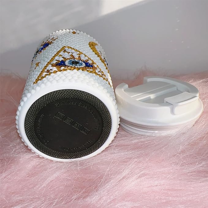 380ml Stainless Steel Sparkle Rhinestone Decorate Evil Eyes Tumbler,White Diamond Decorate Evil Eyes Students'/Auto Mug(White)