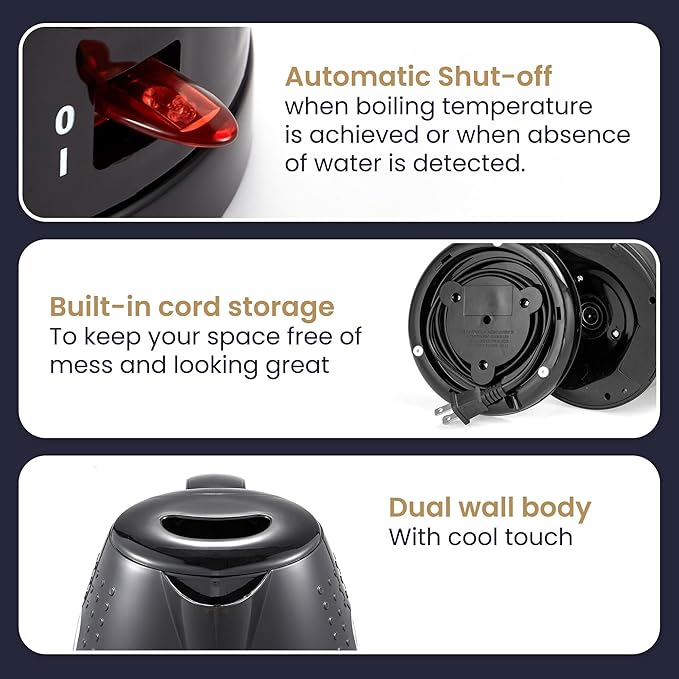 Elite Gourmet EKT5051 1.7L Electric Water Kettle, BPA-Free, Fast Boil, Auto Shut-Off, Boil-dry Protection, 360° Swivel Base with Cordless Serving, Clear-view Window with Water Level Markings, Black