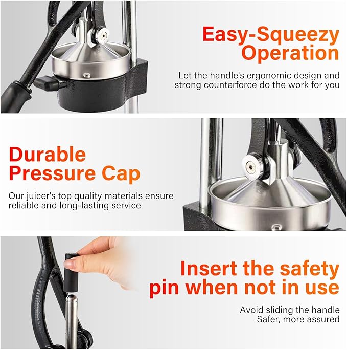 Manual Cast Iron Juicer, Commercial Lemon Squeezer, Professional Citrus Juicer, Ideal for Extracting Juice From Lemons, Oranges, and Grapefruits. Easy to Clean. (Black)