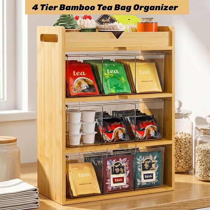 Tlence 4 Tier Bamboo Tea Bag Organizer, Vertical Wooden Tea Storage Box with Acrylic Drawer, Tea Storage Holder and Tea Station for Countertop Kitchen Office, 15.5" x 11" x 5.3"