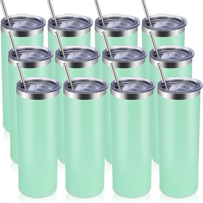 Volhoply 12 Pack Skinny Tumblers with Lid and Straw, 20oz Stainless Steel Straight Tumbler Bulk, Vacuum Insulated Coffee Mug for Home, Office, Travel, DIY (Mint,12 Pack)