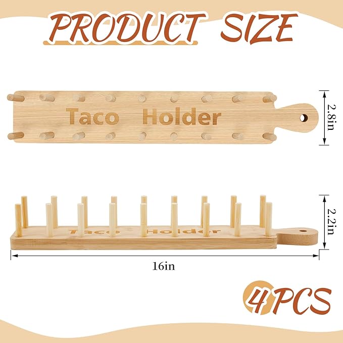 Pinkunn 4 Pcs Bamboo Taco Tray Holder Holds 8 Rack Tray Soft or Hard Shell Tacos Food Serving Stand for Tortillas Burritos Kitchen Accessory Housewarming Gift