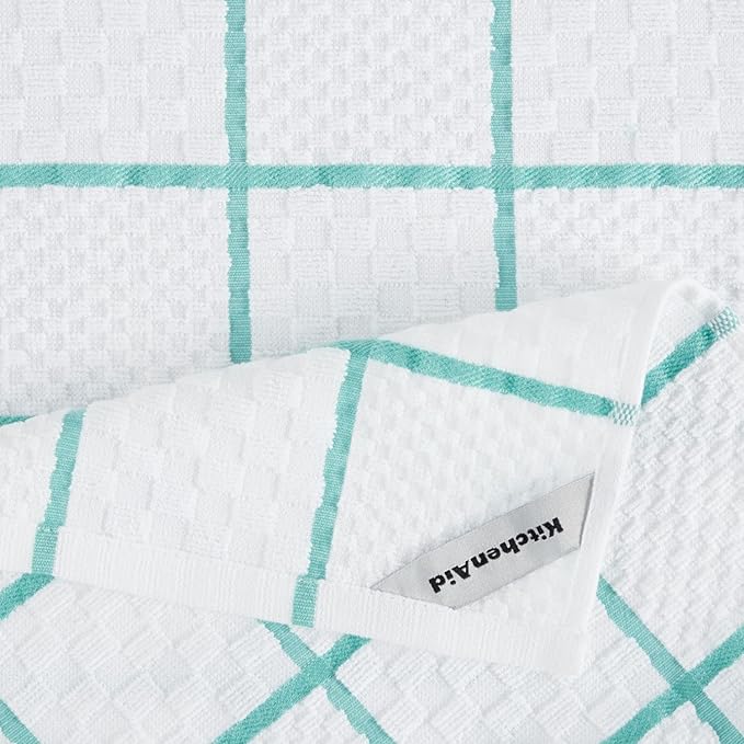 KITCHENAID Quilted Cotton Terry Cloth Oven Mitt, Pot Holder, Kitchen Towel 4-Pack Set, Heat Resistant, Silicone Grip, 16"x26", 7"x13" & 7"x10", Aqua Sky