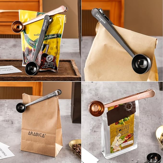 Coffee Scoop with Bag Clip, Multi-Function Milk Powder Measuring Spoon, 20ml (Black+Rose Gold)