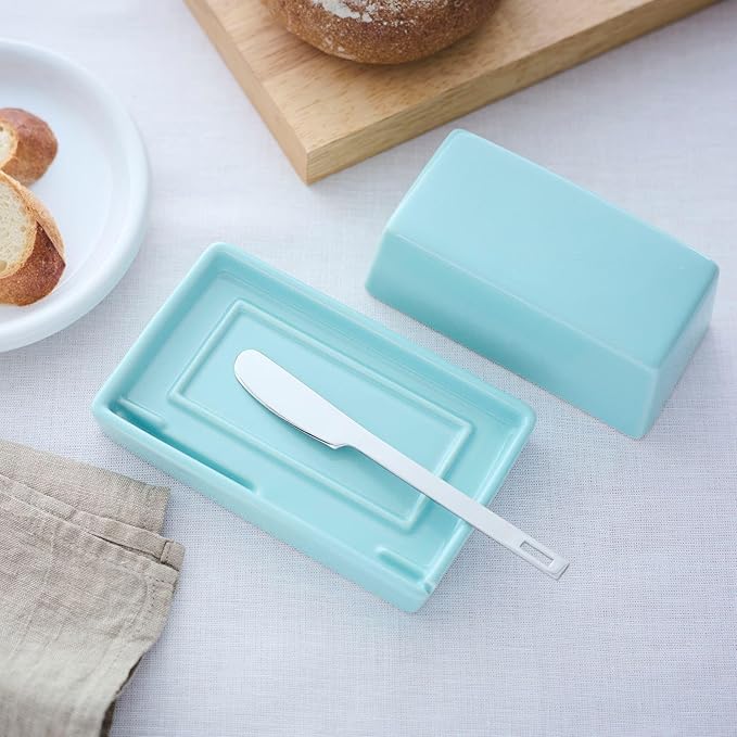 ZERO JAPAN Compact Butter Dish for Countertop, Fits West Coast Butter Sticks (Stubby Size), Ceramic Butter Keeper with Lid, Space-Saving Design, Made in Japan, Aqua Mist