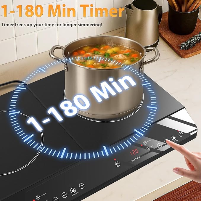 Double Burner Induction Cooktop, 1800W Portable Induction Cooktop 2 Burner with 9 Temp & Power Independent Touch Control, Electric Stove Top Cooker with Safety Lock, 3 Hour Timer