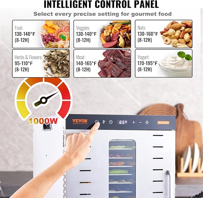 VEVOR Food Dehydrator, 10 Trays Stainless Steel Food Dehydrator Machine, 1000W Dehydrators with Digital Adjustable Timer & Temp, Dehydrator for Jerky Herb Meat Beef Fruit Dog Treats and Vegetables