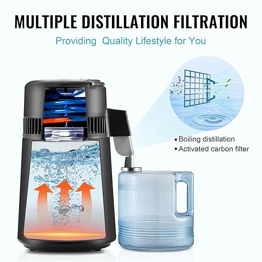 VEVOR Water Distiller, 4L/ 1.05 Gallon Pure Water Distilling for Home Countertop, 750W Distilled Water Maker, 304 Stainless Steel Interior Stiller Water Making Machine to Make Clean Water, Black
