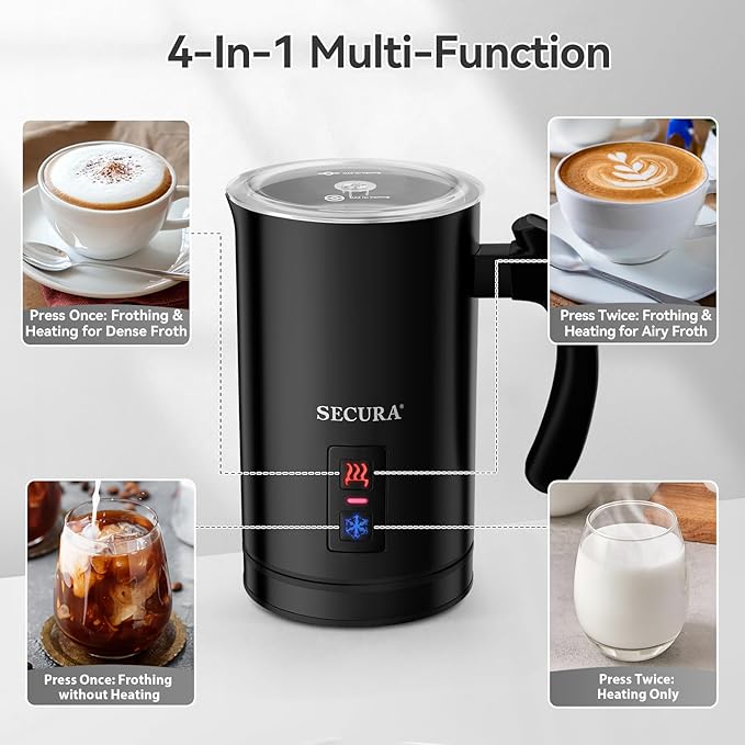 Secura Electric Milk Frother, Automatic Milk Steamer Warm or Cold Foam Maker for Coffee, Cappuccino, Latte, Stainless Steel Milk Warmer with Strix Temperature Controls (Black)