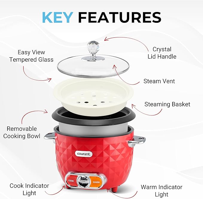 Courant Rice Cooker 10-Cup (Cooked) Steaming basket One-Touch Operation, Automatic Keep Warm Function, red