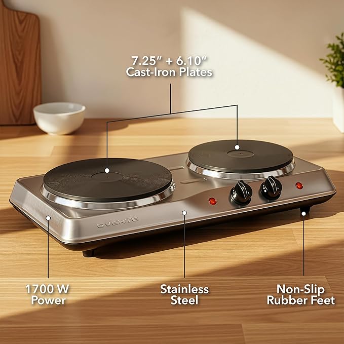 OVENTE Electric Countertop Double Burner, 1700W Cooktop with 7.25" and 6.10" Cast Iron Hot Plates, Temperature Control, Portable Cooking Stove and Easy to Clean Stainless Steel Base, Silver BGS102S