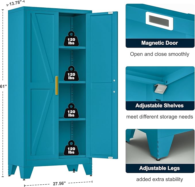 61" Tall Metal Storage Cabinet with 2 Doors and 3 Adjustable Shelves, 4-Tier Kitchen Pantry Storage Cabinet for Kitchen, Living Room, Dining Room and Office, Blue