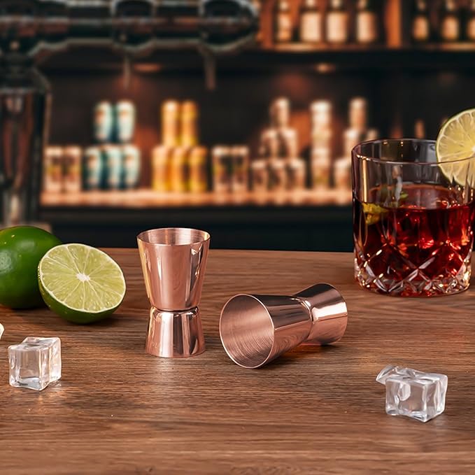 Briout Jigger for Bartending, 2 Pcs Double Cocktail Jigger Japanese Premium 304 Food Grade Stainless Steel Jigger 1 OZ 1/2 OZ, Flat Edge Rose Gold