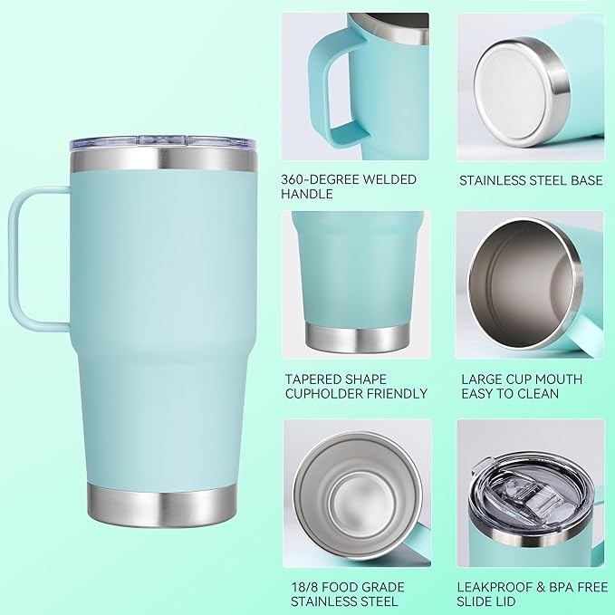 20 oz Stainless Steel Tumbler with Handle Bulk Metal Insulated Tumblers Travel Coffee Mug with Handle Double Wall Tumbler Cup with Lid and Straw, Mint Green 6 Pack