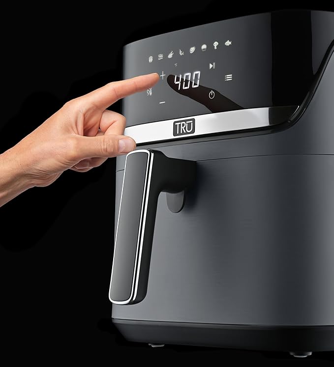 TRU 8-Quart Digital Air Fryer by Select Brands - Family Size, One-Touch Control, 8 Presets - Air Fry Chicken, Meat, Veggies, Fries - Nonstick Pot and Crisping Tray, Auto Shut Off, Matte Gray