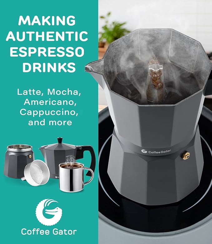 Coffee Gator Moka Pot - 6 Cup, 12oz Stovetop Espresso Maker - Classic Italian and Cuban Coffee Percolator w/ 2 Stainless-Steel Cups – Matte Grey Aluminum, 360ml