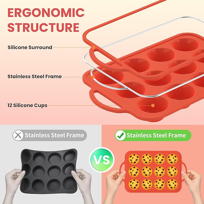 2Pack Silicone Muffin Pan for Baking with Metal Reinforced Frame, 12 Cup Regular Size Cupcake Pan, BPA Free Silicone Muffin Tray, Cupcake Baking Pan Molds for Oven Dishwasher Safe - Orange