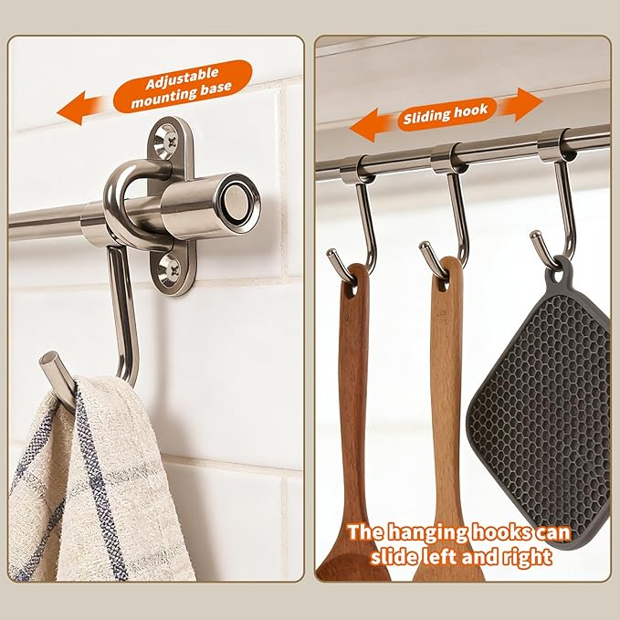 20" Kitchen Utensil Rack with Adjustable Holes - 8 Sliding Hooks 304 Stainless Steel, Pots and Pans Hanging Rack Wall Mounted 2 Packs