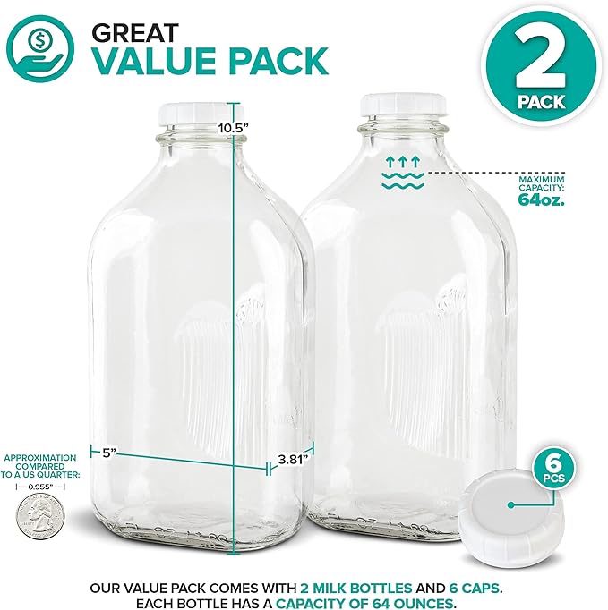 Stock Your Home 64-Oz Glass Milk Jugs with Caps (2 Pack) - 64 Ounce Food Grade Glass Bottles - Dishwasher Safe - Bottles for Milk, Buttermilk, Honey, Tomato Sauce, Jam, Barbecue Sauce