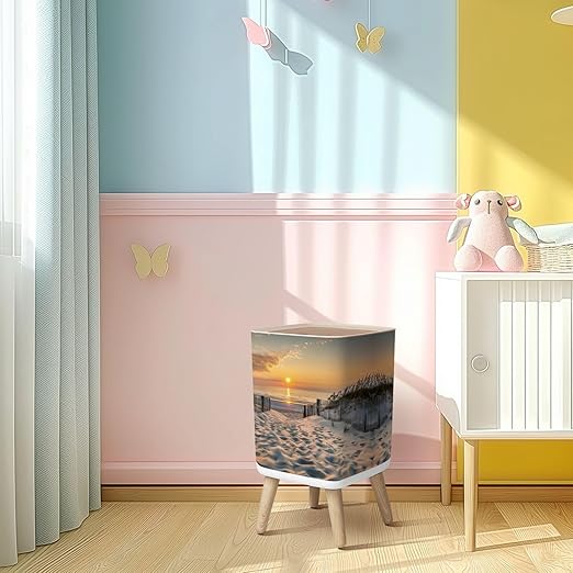 Small Trash Can with Lid Sunrise Beach Wastebasket with Press Cover Dog Proof Garbage Can Waste Bin for Kitchen Bathroom Nursery 2.6 Gallon