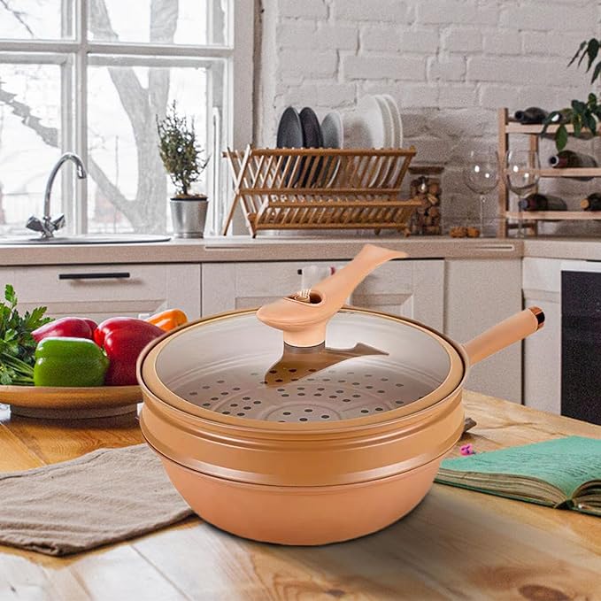 awakentti Light weight Cast Iron Wok, Iron Wok With Lid, Nonstick Wok, Steaming And Cooking All In 1 Frying Wok Flat Bottom for Induction, Electric, Gas, Halogen, All Stoves