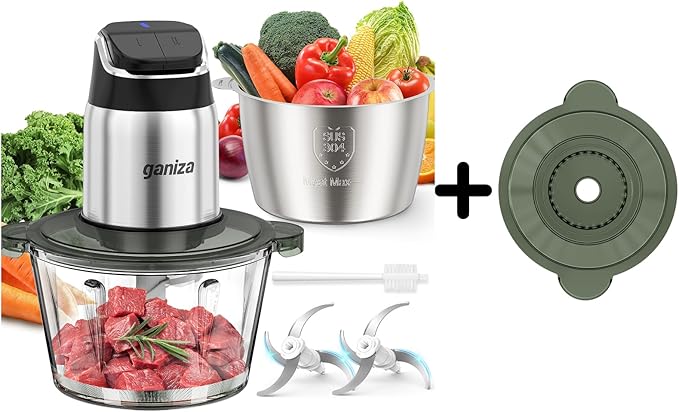 GANIZA Food Processors, Electric Chopper with Meat Grinder & Veggie Chopper - 2 Bowls (8 Cup+8 Cup) with Powerful 450W Copper Motor - Includes 2 Sets of Bi-Level Blades, 2 Plastic Covers