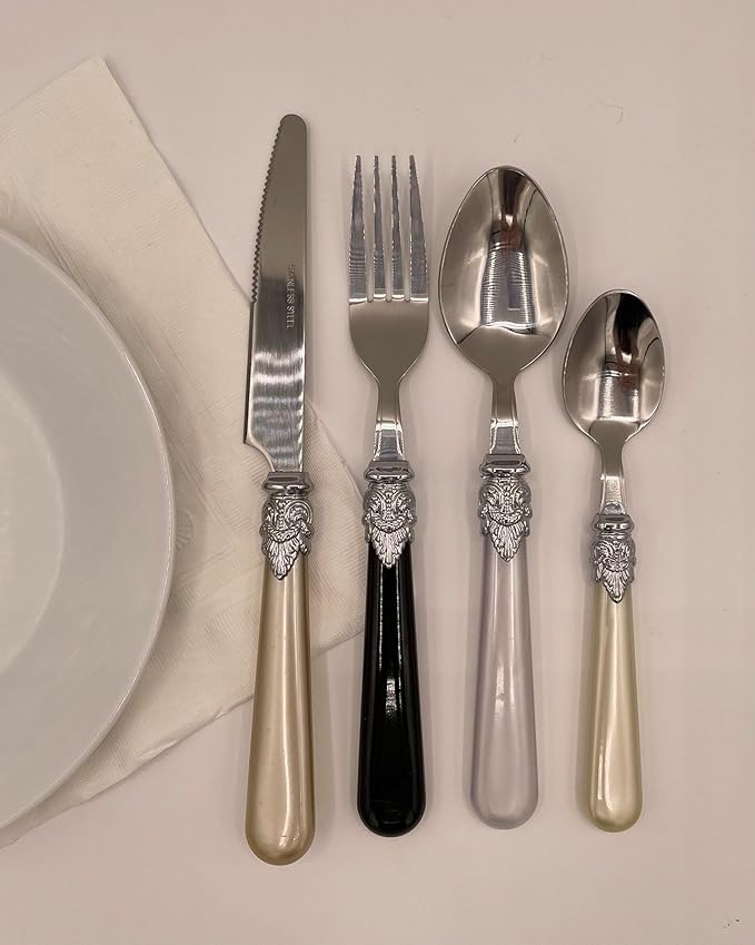 The Original Brink House Glam Mix & Match Stainless Steel Cutlery Set with Assorted Baroque Handles / 16 pieces with Metal Stand, Lifestyle utensils set for home, first apartment, dorm, dinner parties