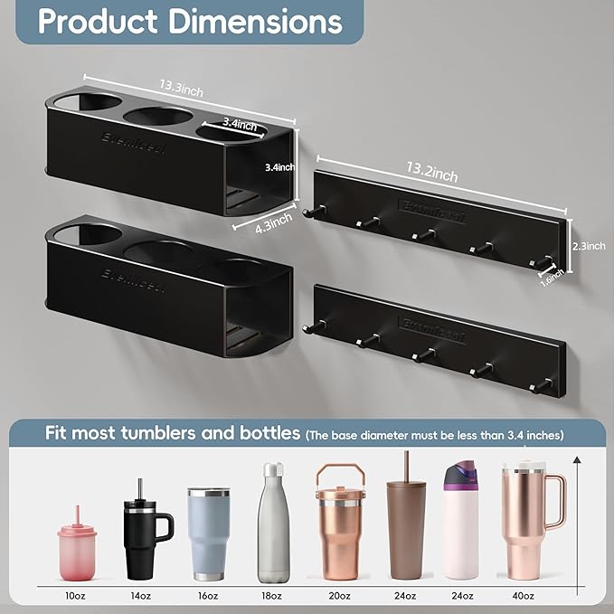 Magnetic Cup Holder for Fridge for 20/30/40 oz Stanley Tumblers Water Bottle Storage Holders & Lid Hook Organizers 2 Pack (6 Cups, 10 Hooks)