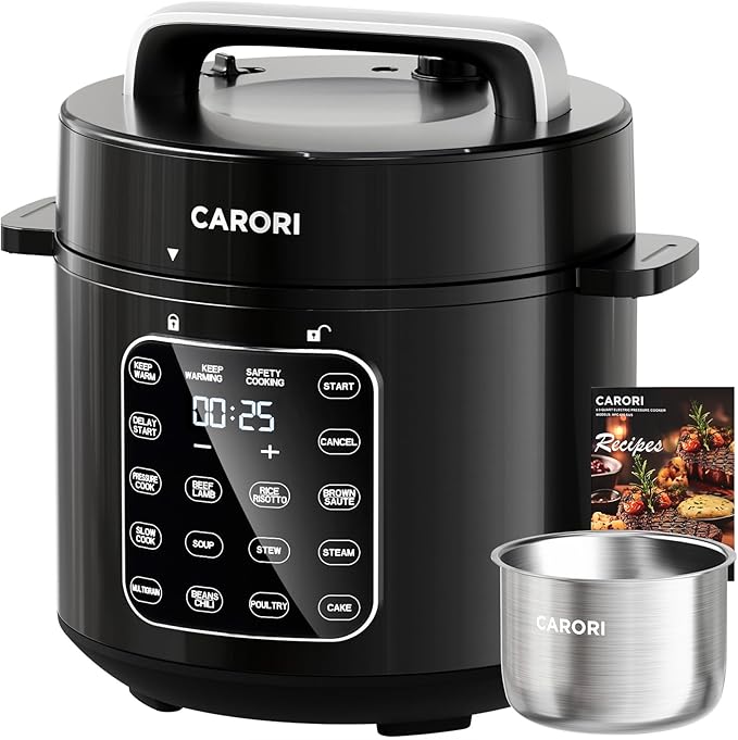 CARORI 9-in-1 Electric Pressure Cooker 6 Quart Black, Stainless Steel Pot, 12 Preset Functions with Touchscreen, Safe Steam Release, Stew, Slow Cook, Rice, Sauté, Warmer
