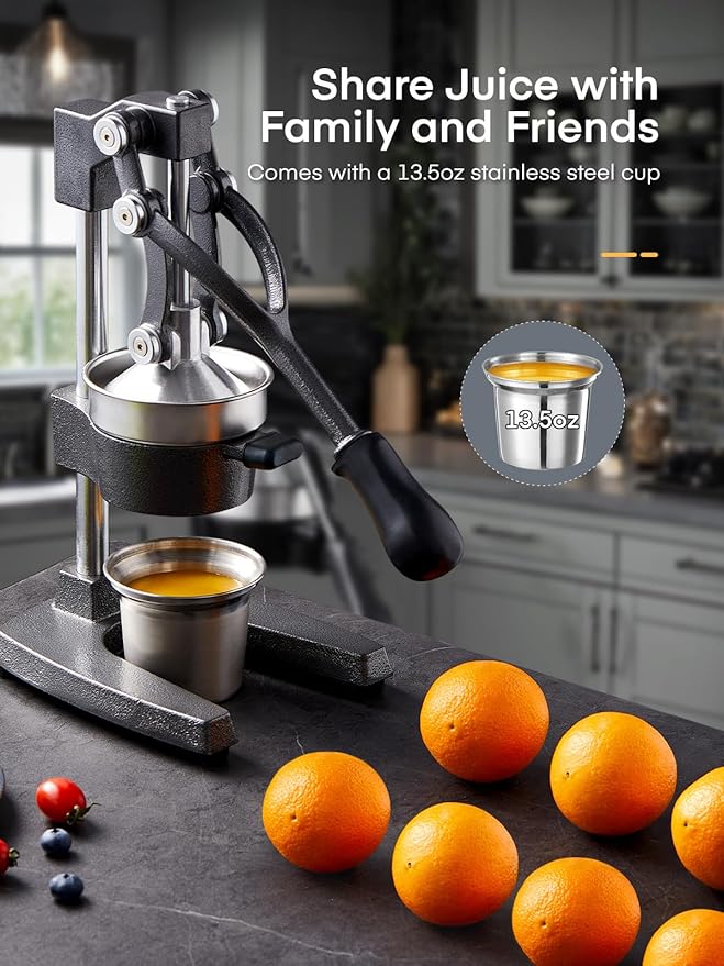 FOHERE Orange Juicer Squeezer, Cast Iron Lemon Squeezer, Commercial Citrus Juicer Hand Press for Orange, Lemon, Pomegranate, Easy to Clean Citrus Squeezer with a Stainless Steel Cup, Grey