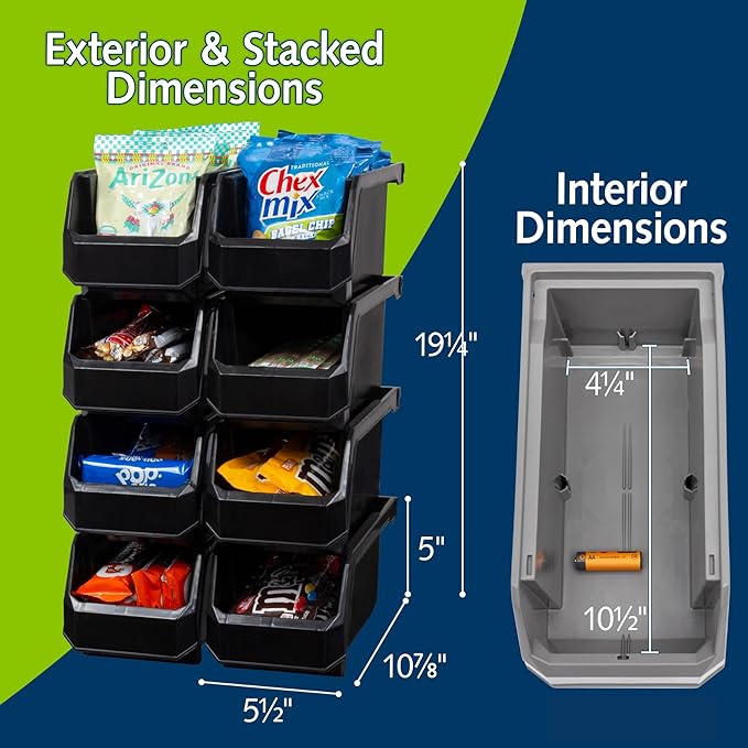 Plastic Containers for Organizing and Storage Bins for Closet, Kitchen, Office, Garage or Pantry Organization, Stackable Bins, Medium (11" x 5" x 5.5"), 8-Pack, Black