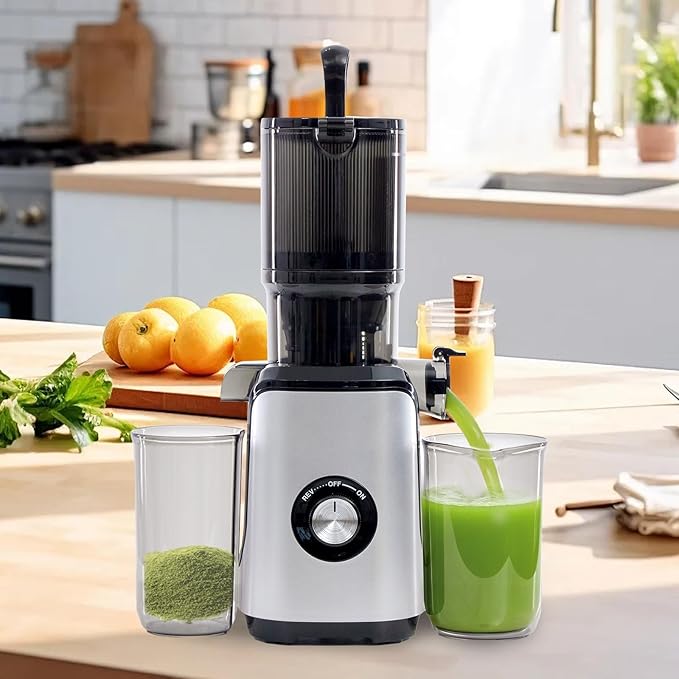 Cold Press Juicer, 92% High Nutrient Retention Slow Masticating Juicer with Wide 4.25" Chute & Reverse Function, Low Heat Oxidation, Easy Clean Quiet Motor, Silver
