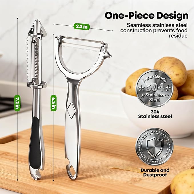 5-in-1 Vegetable Fruit Peeler Set, Y & I-Shaped Stainless Steel Blades with Ergonomic Non-Slip Handle, Sharp Kitchen Peeler for Fruits Carrots Potatoes (2-Pack)