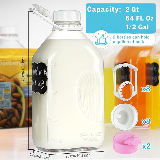 4 Pack 1/2 Gal Glass Milk Bottle with Airtight Lid & 2 Pour Spouts - 64 Oz Heavy Duty Glass Milk Jug, Water Pitchers with 8 Handles and 2 Exact Scale Lines for Juice Breast/Almond/Nut/Oat Milk Sun Tea