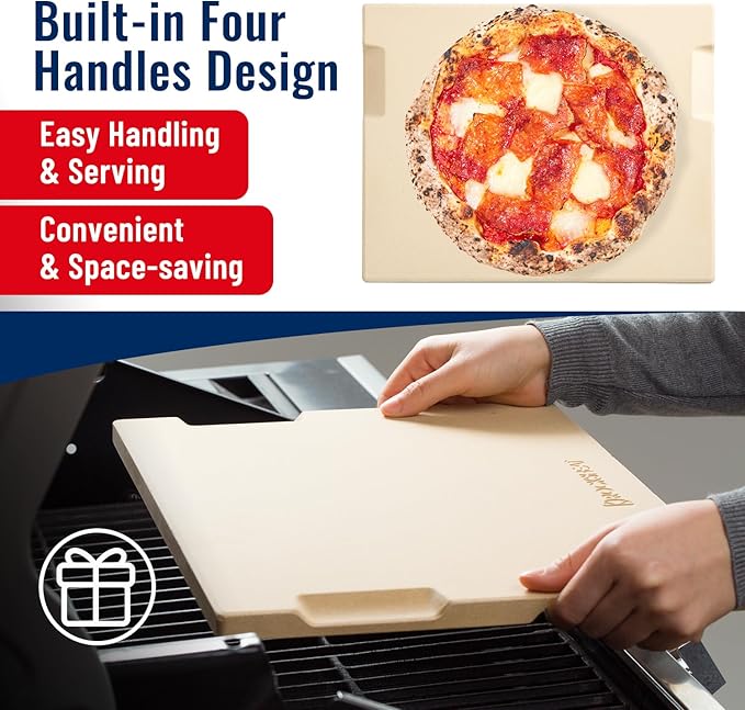 Pizza Stone for Oven and Grill, 15x12 Inch Cordierite Baking Stone with 4 Built-in Handles, 7.4lbs Heavy Duty Thermal Shock Resistant for Crispy Crust Pizza Bread Cookies BBQ